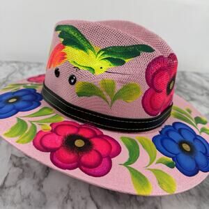 Tonpsom Straw Pink Hand Painted Panama Hat Hummingbird Floral Medium Made Mexico